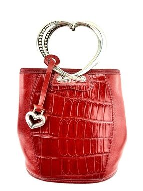 Brighton Red Heart Mini Bucket Croc-Embossed Leather Bag Y2K